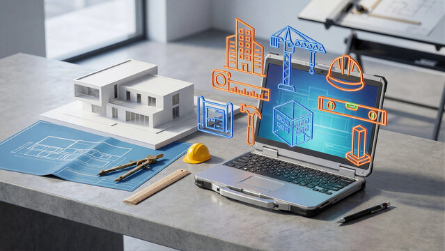 Construction planning workspace with holographic building icons and rugged laptop, architecture technology background for BIM design, blueprint review, engineering and project management