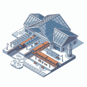 Modern train station with sleek glass architecture and orange trains arriving at platforms.