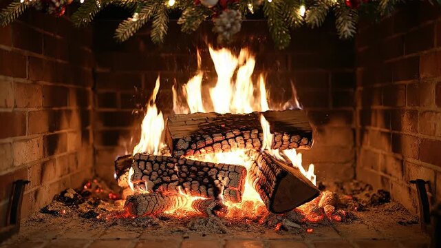 Cozy warm burning firewood inside a rustic brick fireplace with glowing embers and festive pine decor