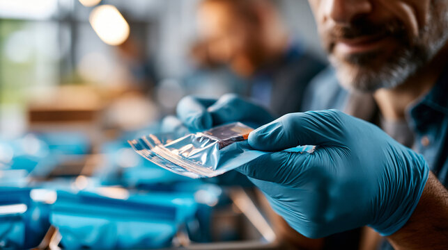 Close up of a gloved hand carefully packaging a small product into a bright sealed security bag the bag's tamper evident strip visible and intact in the clean overhead light