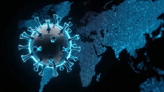 A futuristic virus model with a glowing world data map for covid 19 awareness global health monitoring