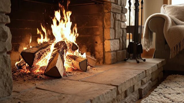 Cozy living room with glowing fireplace burning wood logs and warm comfortable ambiance in rustic home interior