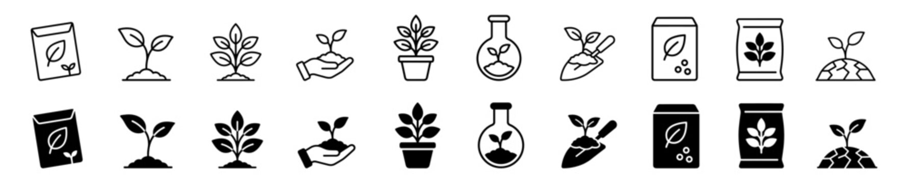 Gardening and plant care vector icon collection with outline and filled seed bags, sprouts, pots and botanical symbols on transparent background