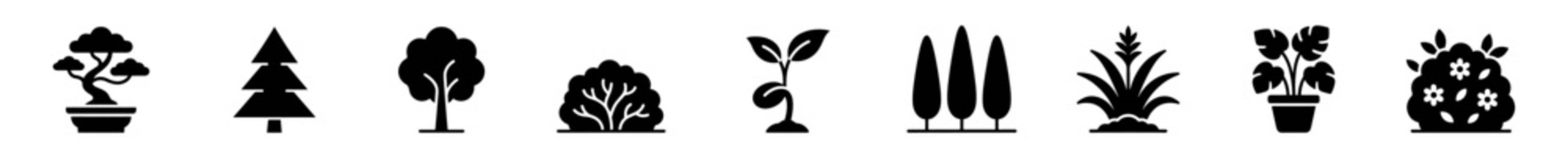 Nature and garden vector icon set with filled trees, plants, bonsai and shrub symbols on transparent background