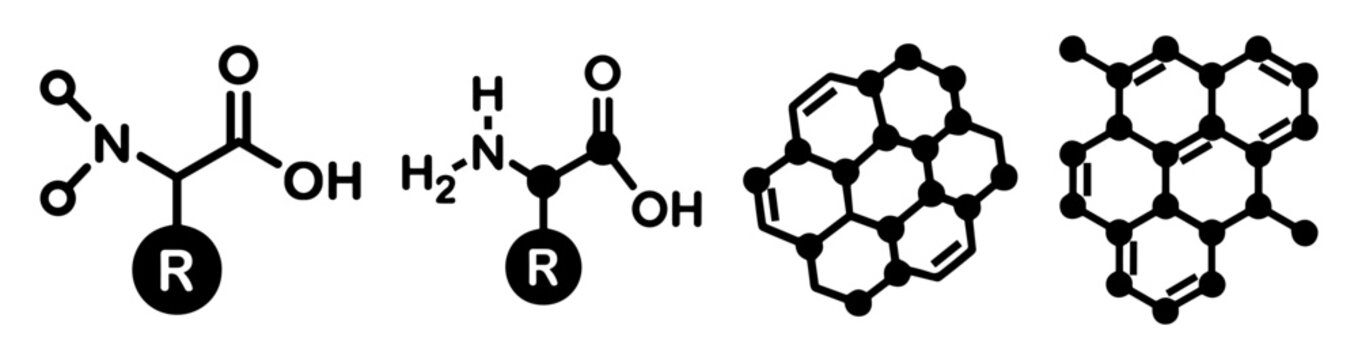 Black molecular chemistry vector icon set with amino acid formulas and graphene structure symbols on transparent background