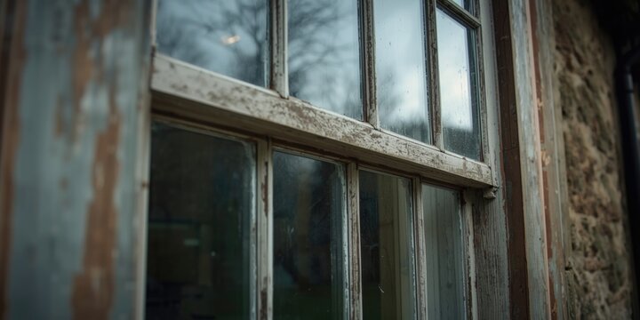 Antique glazed sash window featuring timber frame on traditional house exterior