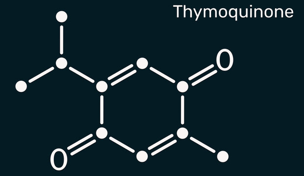 Thymoquinone molecule chemical structure, bioactive phytochemical compound of black cumin Nigella sativa. Dark blue background