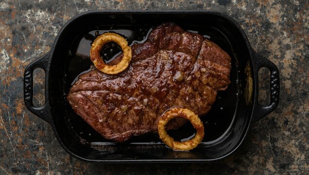 Aerial shot of Filipino marinated dry aged Angus bistek tagalog steak with onion rings and soy sauce in a cast iron serving dish