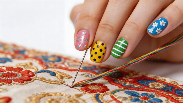 Hand with decorated nails sewing colorful fabric
