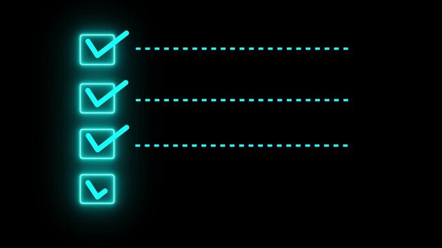Checklist on the dashed line icon with check marks. Check all the boxes of checklist. Checking a to do list. checklist concept animation on black 4k vido