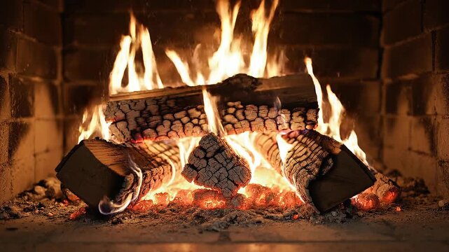 Cozy burning fireplace with glowing logs and warm flames for home comfort and relaxation