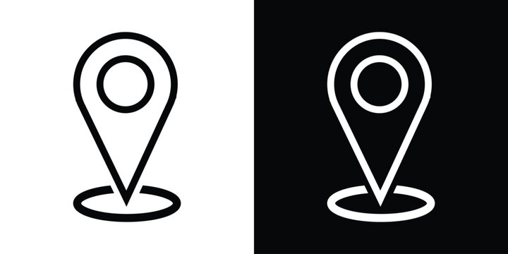 Outline map location pin with oval base ring vector icon. Clean black and white linear style navigation marker symbols for modern user interface and minimalist web design.