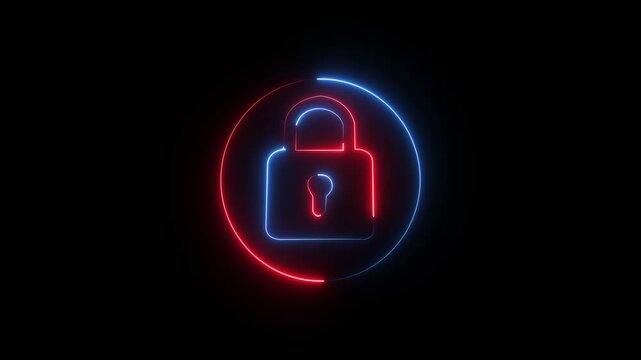 Glowing neon lock and password icon animation into circle. security encryption privacy padlock protection sign symbol. neon unlocked padlock icon. 4K VIDO