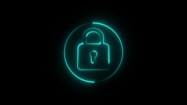 Glowing neon lock and password icon animation into circle. security encryption privacy padlock protection sign symbol. neon unlocked padlock icon. 4K VIDO