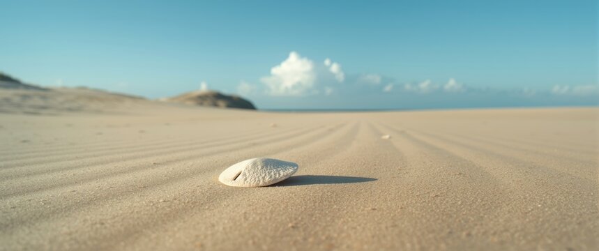 A solitary sand dollar on a bright and calm sandy seashore