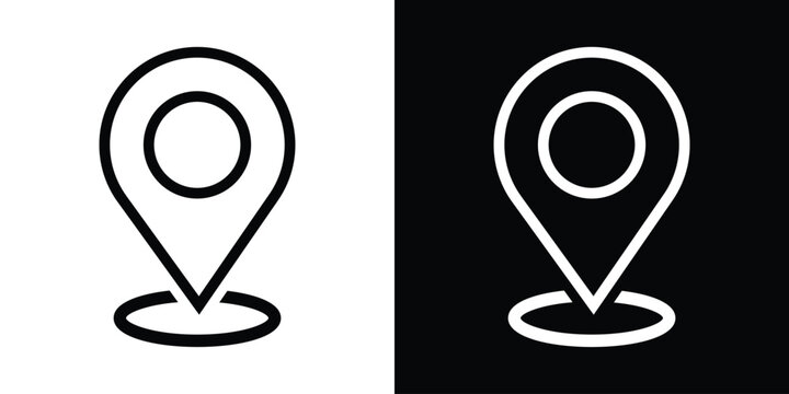 Outline map location pin with oval base ring vector icon. Clean black and white linear style navigation marker symbols for modern user interface and minimalist web design.