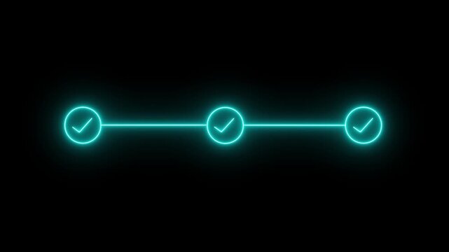 neon 3 step infographic process with check mark icon. infographic step by step process icon animation on black background, step process success with check marks. Step-by-Step Guide: Business 4k vido