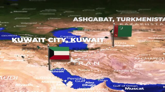 Flight From Ashgabat Turkmenistan to Kuwait City KUWAIT with flag pins