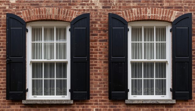 Classic white framed double hung windows with arched black shutters and brick lintel