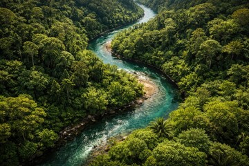 Fototapeta premium Top down image of a river bending through a vivid green landscape filled with abundant vegetation