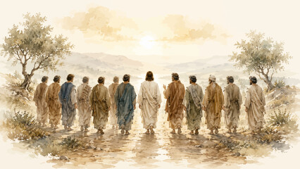 A peaceful watercolor illustration of Jesus with twelve chosen disciples walking through a biblical landscape in a reverent Christian style. © liana