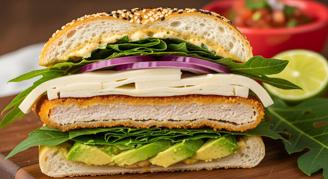 Breaded chicken sandwich features fresh avocado slices and greens on a toasted bun.