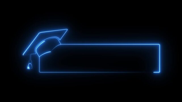 glowing neon graduation cap and blank frame icon isolated on black background. Graduate college, high school or educational cap symbol. degree ceremony hat with line stroke border. 4k video