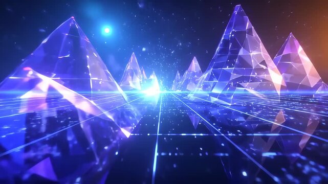 Abstract digital landscape with glowing pyramids