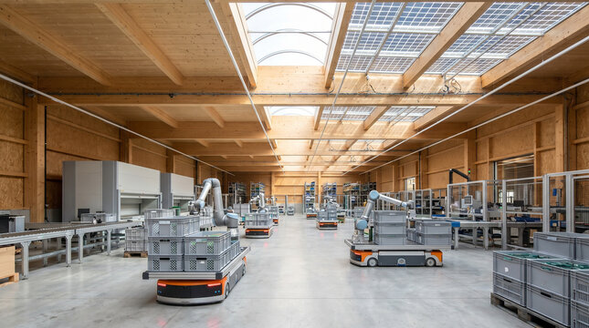 Automated Smart Warehouse with Robotic Arms and Solar Panels in Sustainable Wooden Facility