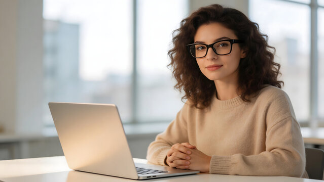 Woman with curly hair using laptop