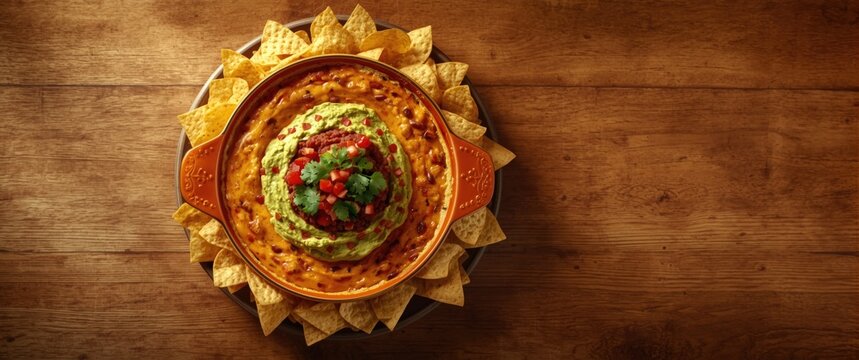 Homemade Seven Layer Dip with Tortilla Chips Overhead View, Rustic Wooden Background