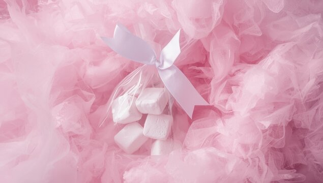 Transparent Pouch of Marshmallows Tied with Bow Fluffy Cotton Candy Background, Soft Pink Delicate Texture