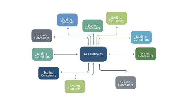 Microservices Architecture Diagram with API Gateway and Scaling Containers for Cloud Computing Infrastructure