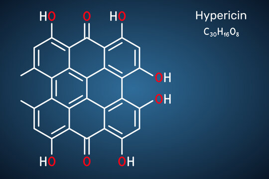 Hypericin molecule, red pigment, a derivative of anthraquinone. Bioactive compound of St John's wort. It is used in the treatment of depression. Dark blue background