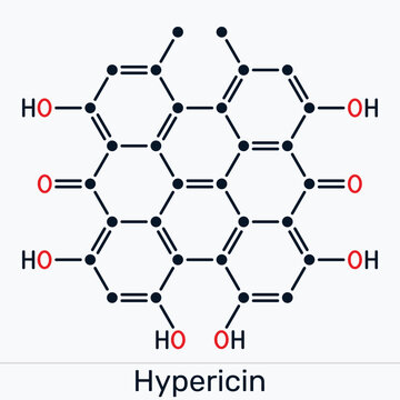 Hypericin molecule, red pigment, a derivative of anthraquinone. Bioactive compound of St John's wort. It is used in the treatment of depression