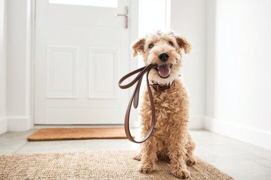 Jack Russell terrier dog sitting on the floor with a leather leash in its mouth.
