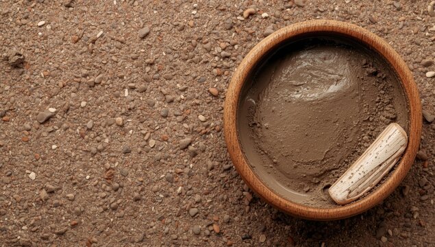 Beauty and spa natural treatment bowl with bentonite clay texture top view copy space