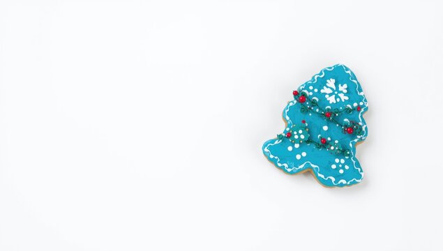 Decorative Blue Gingerbread Tree Cookie Isolated on White Background, Festive Design