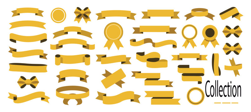 Collection of yellow ribbons banners and circular badges with flat style isolated on white background for labeling and decorative