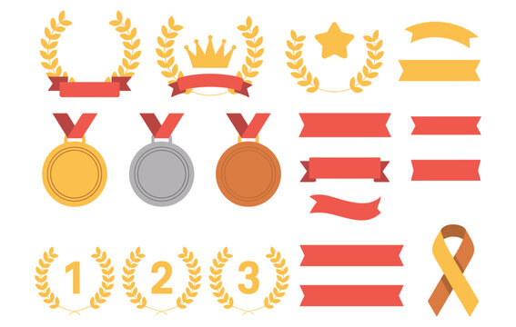 Set of flat featuring gold silver and bronze medals laurel wreaths crowns ribbons and numbered achievement symbols in yellow and red colors on a white background