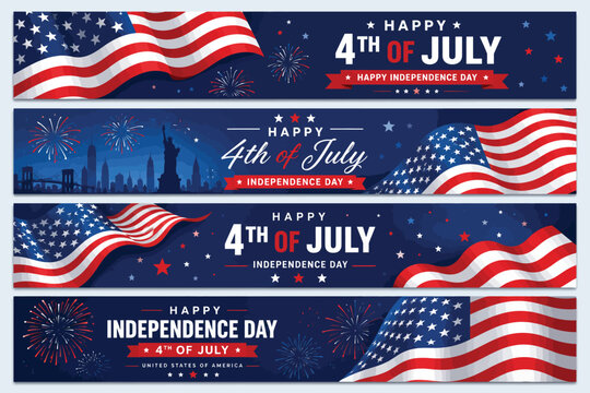 Independence day celebration banners set. 4th of july felicitation greeting cards with waving american national flag on blue background. USA country federal patriotic holiday. Vector illustration
