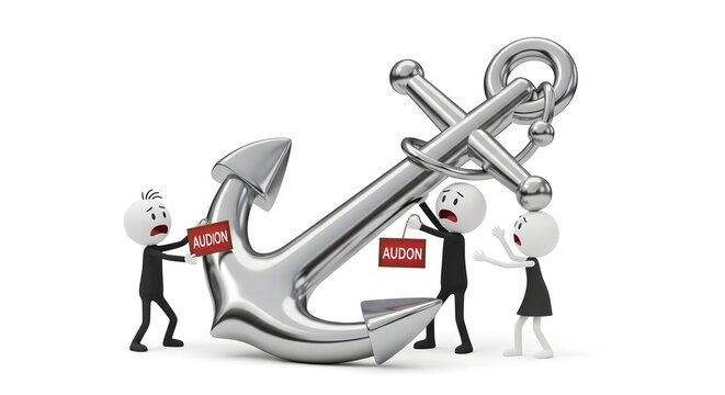 Group of figures struggling with a heavy metal ship anchor