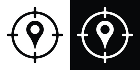 GPS target location map pointer icon. Solid black and white crosshair tracking symbols for pinpointing exact geographic position, navigation systems, and radar detection. © bibin