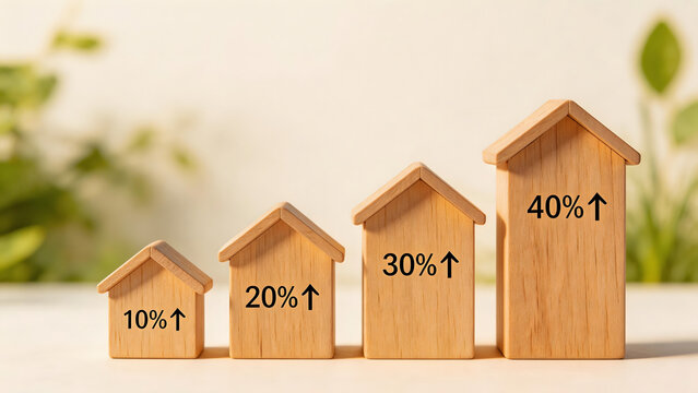 Wooden house models with percentage labels
