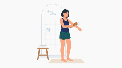 Fototapeta premium Woman dry brushing her arm in a bathroom with a shower and stool