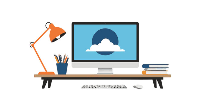 Flat vector illustration of an organized modern workspace with a desktop computer, ergonomic keyboard, stylish desk lamp, small succulent plant, and a mug on a white desk surface.