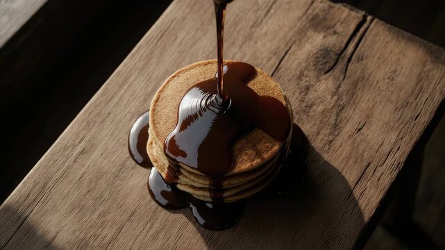 Golden pancakes luxuriantly topped with a cascade of rich, dark chocolate syrup, beautifully arranged on a rustic wooden board, a perfect indulgent treat