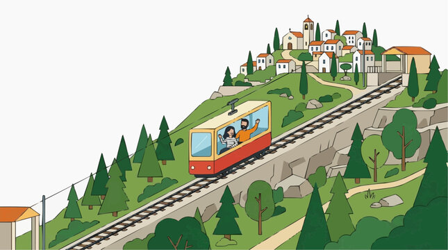 Couple riding a funicular train up a green hill towards a picturesque village