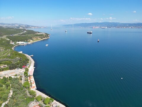 A drone view of the area around Eskihisar Town in Gebze, Kocaeli, Turkey, towards the Gulf of Izmit.