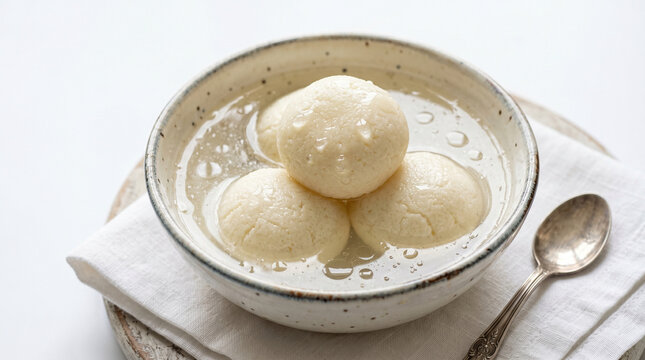 Traditional Indian Rasgulla Dessert in Sweet Syrup Served in a Ceramic Bowl
